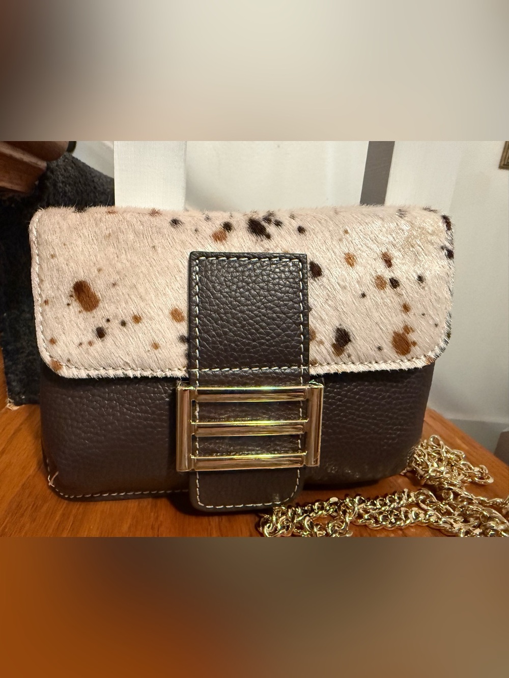 Divina Firenze Leather and Spotted Haircalf Mini Shoulder Bag with Gold Hardware